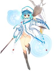 Rule 34 | 1girl, blue hair, blush, boots, broom, cross-laced footwear, green panties, hat, hokkana, jewelry, knee boots, lace-up boots, looking at viewer, magic circle, necklace, original, panties, red eyes, short hair, simple background, smile, solo, thigh gap, thighs, underwear, white background