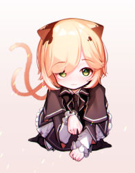 Rule 34 | 1girl, :3, absurdres, animal ears, arknights, beudelb, black dress, black necktie, blonde hair, brown hair, cat ears, cat tail, cropped torso, dress, frilled dress, frills, green eyes, highres, korean commentary, looking at viewer, mousse (arknights), multicolored hair, multiple tails, necktie, paw pose, simple background, solo, tail, upper body, white background, white sleeves