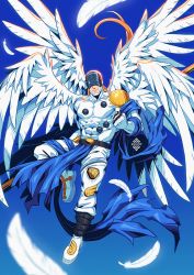 Rule 34 | 1boy, angel, angel wings, angemon, artist name, bara, blonde hair, bodysuit, boots, clenched hand, commentary, day, digimon, digimon (creature), english commentary, feathered wings, feathers, flying, gloves, hand up, helmet, highres, jewelry, knee up, large pectorals, long hair, male focus, multiple wings, muscular, muscular male, pectorals, ring, shoes, shoulder plates, sky, smile, solo, symbol-only commentary, torn clothes, white bodysuit, white feathers, white footwear, white wings, wings, xelgot