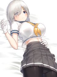 Rule 34 | 10s, 1girl, blue eyes, breasts, commentary, eyebrows, eyes visible through hair, gloves, hair ornament, hair over one eye, hairclip, hamakaze (kancolle), hand on own stomach, kantai collection, kfr, large breasts, looking at viewer, lying, neckerchief, on back, on bed, panties, pantyhose, pantyshot, pleated skirt, school uniform, serafuku, shadow, short hair, short sleeves, silver hair, skirt, solo, underwear, white gloves, yellow neckerchief