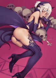 Rule 34 | 1girl, absurdres, altera (fate), alternate costume, ass, bad id, bad pixiv id, black gloves, black leotard, black thighhighs, breasts, colored eyelashes, cross, dark-skinned female, dark skin, elbow gloves, fate/grand order, fate (series), finger to mouth, gloves, hair ornament, high heels, highres, jewelry, leotard, looking at viewer, lying, medium breasts, necklace, nipples, on side, parted lips, red eyes, reroi, skull, solo, tail, thighhighs, white hair, wings