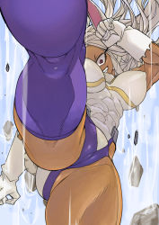 Rule 34 | 1girl, abs, action, animal ears, ass, boku no hero academia, breasts, cameltoe, commentary request, covered erect nipples, dark-skinned female, dark skin, gloves, highres, kicking, leotard, long hair, medium breasts, mirko, muscular, muscular female, rabbit ears, rabbit girl, red eyes, shosho oekaki, smile, solo, thighhighs, thighs, two-tone background, white background, white gloves, white hair