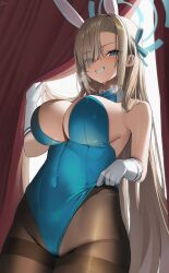 Rule 34 | 1girl, absurdres, animal ears, asuna (blue archive), asuna (bunny) (blue archive), asymmetrical bangs, blue archive, blue bow, blue bowtie, blue eyes, blue halo, blue leotard, blush, bow, bowtie, breasts, cleavage, commentary, covered navel, detached collar, emma 0215, fake animal ears, gloves, hair over one eye, halo, heavy breathing, highleg, highleg leotard, highres, large breasts, leotard, light brown hair, long hair, looking at viewer, official alternate costume, pantyhose, playboy bunny, rabbit ears, red curtains, smile, solo, strapless, strapless leotard, sweat, teeth, thighband pantyhose, traditional bowtie, very long hair, white gloves
