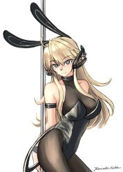 Rule 34 | 1girl, alternate costume, animal ears, azur lane, bare shoulders, black leotard, blonde hair, blue eyes, blush, bodystocking, breasts, cleavage, fake animal ears, iowa (kancolle), kantai collection, large breasts, leotard, long hair, looking at viewer, new jersey (azur lane), new jersey (exhilarating steps!) (azur lane), oversized breast cup, pantyhose, playboy bunny, pole, pole dancing, rabbit ears, rekka yamato, see-through, see-through cleavage, smile, solo, star-shaped pupils, star (symbol), strapless, strapless leotard, stripper pole, symbol-shaped pupils, very long hair