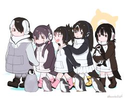 Rule 34 | 10s, 5girls, :d, bird, bird tail, black hair, boots, brown eyes, commentary request, drawstring, emperor penguin (kemono friends), gentoo penguin (kemono friends), grape-kun, hair over one eye, hand on another&#039;s shoulder, headphones, hood, hood down, hoodie, humboldt penguin (kemono friends), kemono friends, long hair, low twintails, multicolored hair, multiple girls, open mouth, orange hair, penguin, pink hair, rockhopper penguin (kemono friends), royal penguin (kemono friends), seto (harunadragon), short hair, simple background, smile, twintails, twitter username, walking, white hair, aged down