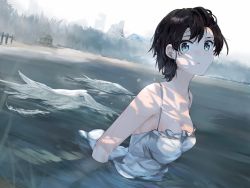 Rule 34 | 1girl, aqua eyes, black hair, breasts, cabin, cleavage, dress, feathers, funi mu9, highres, hololive, lake, looking at viewer, medium breasts, oozora subaru, parted lips, partially submerged, short hair, sleeveless, sleeveless dress, solo, upper body, virtual youtuber, water, wet, wet clothes