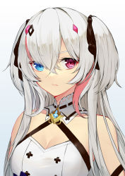 Rule 34 | 1girl, absurdres, blue eyes, breasts, chinese commentary, cleavage, detached collar, eyebrows hidden by hair, hecatia (vtuber), heterochromia, highres, indie virtual youtuber, kather, looking at viewer, medium breasts, multicolored hair, pink eyes, pink hair, silver hair, solo, streaked hair, two side up, upper body, virtual youtuber