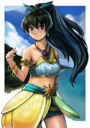 Rule 34 | 10s, 1girl, antenna hair, armlet, bangle, beach, blue eyes, blush, bracelet, breasts, comic-z, day, earrings, ganaha hibiki, hair ornament, hand on own hip, idolmaster, idolmaster (classic), idolmaster one for all, jewelry, long hair, midriff, necklace, ocean, ponytail, shorts, shorts under skirt, single strap, small breasts, smile, solo