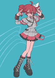 Rule 34 | 1girl, ahoge, arms up, black footwear, black skirt, blue background, boots, bow, buttons, colored eyelashes, commentary request, cross-laced footwear, double-breasted, drill hair, epaulettes, frilled skirt, frills, full body, grey shirt, grey skirt, grin, hair bow, heel up, high-waist skirt, high collar, highres, kasane teto, kasane teto (sv), knee boots, kneehighs, layered skirt, long sleeves, melon hamburg bentou, no sclera, red eyes, red hair, red nails, red socks, shirt, shoulder belt, simple background, skirt, sleeve cuffs, smile, socks, solo, staff (music), synthesizer v, twin drills, utau, white bow