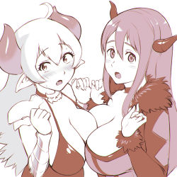 Rule 34 | 2girls, asymmetrical docking, breast press, breasts, choker, cleavage, commentary request, crossover, demon girl, dress, fur trim, halterneck, horns, huge breasts, large breasts, long hair, looking at viewer, maou (maoyuu), maoyuu maou yuusha, multiple girls, open mouth, pointy ears, red eyes, red hair, simple background, symmetrical docking, ueyama michirou, white background, yuusha to maou no rabu kome