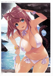 Rule 34 | 1girl, absurdres, animal ears, arm up, bare legs, bikini, blue eyes, breasts, brown hair, choker, cleavage, day, flower bracelet, highres, inue shinsuke, large breasts, looking at viewer, navel, outdoors, ribbon choker, scan, scrunchie, smile, solo, standing, standing on one leg, swimsuit, tail, tiger ears, tiger tail, toranoana, white bikini, wrist scrunchie