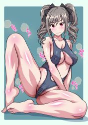 Rule 34 | 1girl, artist request, barefoot, bikini, black ribbon, blush, breasts, cleavage, covered erect nipples, drill hair, feet, female focus, full body, grey hair, hair ribbon, highres, idolmaster, idolmaster cinderella girls, kanzaki ranko, long hair, looking at viewer, medium breasts, red eyes, ribbon, simple background, smile, solo, swimsuit, toes