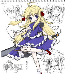 Rule 34 | 1girl, barbed wire, blonde hair, blue eyes, chainsaw, character sheet, dress, female focus, harukaze unipo, long hair, nagai gojitsudan no nechronica, partially colored, solo, undead, unipo, white background