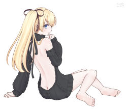 Rule 34 | 1girl, 2017, aran sweater, arm support, artist name, ass, backless dress, backless outfit, bare back, bare shoulders, black ribbon, black sweater, blonde hair, blue eyes, butt crack, cable knit, dated, detached sleeves, dress, euphie (holicy), from behind, full body, hair ribbon, halterneck, highres, long hair, looking at viewer, looking back, meme attire, naked sweater, parted lips, ribbed sweater, ribbon, shironeko project, side ponytail, signature, simple background, sitting, soles, solo, sophie (shironeko project), sweater, sweater dress, turtleneck, turtleneck sweater, virgin killer sweater, white background, yokozuwari