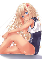 Rule 34 | 10s, 1girl, absurdres, bare arms, bare legs, bare shoulders, blonde hair, blue eyes, blue one-piece swimsuit, blush, competition school swimsuit, flower, go-1, hair flower, hair ornament, hibiscus, highres, kantai collection, long hair, looking at viewer, one-piece swimsuit, ro-500 (kancolle), sailor collar, school swimsuit, simple background, sitting, smile, solo, swimsuit, tan, tanline, very long hair, vest, white background, white vest