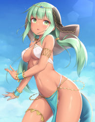 Rule 34 | 1girl, armlet, bare shoulders, bracelet, breasts, cleavage, contrapposto, cowboy shot, dancer, dark-skinned female, dark skin, floating hair, green eyes, green hair, highres, jewelry, long hair, looking at viewer, low twintails, medium breasts, navel, original, parted lips, pelvic curtain, revealing clothes, sasaame, solo, standing, stomach, thighlet, thighs, twintails, veil