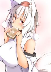 Rule 34 | 1girl, animal ears, bare shoulders, blush, bread slice, breasts, detached sleeves, eating, food, food in mouth, from side, hat, highres, holding, holding food, impossible clothes, inubashiri momiji, large breasts, looking at viewer, looking to the side, mouth hold, plump, pom pom (clothes), red eyes, shirt, shishi juuroku, short hair, sleeveless, sleeveless shirt, solo, tail, thick eyebrows, toast, toast in mouth, tokin hat, touhou, upper body, white hair, white shirt, wide sleeves, wolf ears, wolf tail