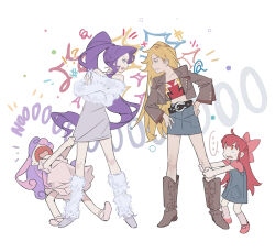 Rule 34 | !?, 4girls, absurdres, apple bloom, applejack, bare shoulders, blonde hair, boots, bow, brown jacket, cowboy boots, crop top, crossed arms, denim, denim dress, denim skirt, dress, fighting, fighting stance, frown, hair bow, hands on own hips, high ponytail, highres, horseshoe, humanization, jacket, leg warmers, long hair, long sleeves, multiple girls, my little pony, open clothes, open jacket, pink bow, pink dress, pink hair, pulling another&#039;s clothes, purple hair, rarity (my little pony), red hair, saaak57587044, shouting, siblings, simple background, sisters, skirt, sweetie belle, white background, worried