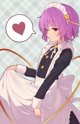 Rule 34 | 1girl, alternate costume, apron, blue background, blush, checkered background, collared shirt, commentary, enmaided, flat chest, frilled apron, frills, heart, highres, kanpa (campagne 9), komeiji satori, long sleeves, looking at viewer, maid, maid apron, maid headdress, pink eyes, pink hair, shirt, short hair, smile, solo, spoken heart, standing, touhou, upper body, white apron, wing collar, wrist cuffs