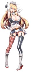 Rule 34 | 10s, 1girl, :d, american flag panties, american flag print, anchor, armband, arms up, asymmetrical legwear, belt, belt buckle, blonde hair, blue eyes, boots, breasts, buckle, chiyo goya, cleavage, clothes writing, detached sleeves, elbow gloves, front-tie top, full body, garter straps, gloves, grey footwear, hair between eyes, headgear, high heel boots, high heels, highres, iowa (kancolle), kantai collection, knee boots, large breasts, legs apart, long hair, looking at viewer, miniskirt, mismatched legwear, navel, open mouth, panties, pantyshot, print panties, simple background, skirt, sleeveless, smile, solo, standing, star-shaped pupils, star (symbol), stomach, striped clothes, striped skirt, striped thighhighs, symbol-shaped pupils, thighhighs, underwear, upskirt, vertical-striped clothes, vertical-striped skirt, vertical-striped thighhighs, white background