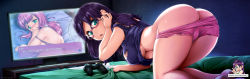 Rule 34 | 2girls, all fours, ass, barefoot, blunt bangs, blush, breasts, butt crack, cleavage, cleft of venus, clothes pull, commentary, computer monitor, controller, english commentary, english text, female pervert, full-face blush, game controller, green eyes, harmonist11, harmony (harmonist11), indoors, long hair, looking at viewer, looking back, medium breasts, multiple girls, open mouth, original, patreon username, pervert, pink hair, playing games, purple hair, semi-rimless eyewear, shirt, shorts, shorts pull, solo, strap slip, television, top-down bottom-up, torn clothes, torn shirt, under-rim eyewear, underboob, video game, watermark, web address