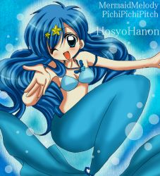 Rule 34 | 00s, 1girl, ;d, bikini, bikini top only, blue background, blue eyes, blue hair, breasts, character name, cleavage, copyright name, hair ornament, houshou hanon, long hair, matching hair/eyes, mermaid, mermaid melody pichi pichi pitch, monster girl, non-web source, oekaki, one eye closed, open mouth, smile, solo, star (symbol), star hair ornament, swimsuit, underwater, wink