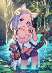 Rule 34 | 1girl, adjusting hair, animal ear fluff, animal ears, bikini, bikini under clothes, blush, breasts, cutoffs, fantasy, flower, hair flower, hair ornament, hairclip, highres, holding, katou tabihito, leaning to the side, lily pad, looking at viewer, medium hair, nature, navel, off shoulder, open fly, open mouth, outdoors, partially submerged, purple hair, rachel (seisou fude no tabibito), seisou fude no tabibito, short shorts, shorts, small breasts, solo, sunlight, swimsuit, wading, water, waterfall, white bikini