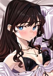 Rule 34 | 1girl, armpits, bikini, black bikini, blue eyes, blush, breasts, brown hair, collared shirt, elisia valfelto, front-tie top, hair intakes, highres, jewelry, long hair, looking at viewer, luicent, necklace, off shoulder, original, shirt, small breasts, solo, sweat, swimsuit, tied shirt, untied bikini, upper body