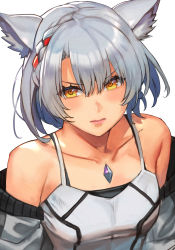 Rule 34 | 1girl, animal ears, bare shoulders, blush, breasts, camisole, cat ears, chest jewel, cleavage, collarbone, hungry clicker, jacket, long sleeves, looking at viewer, medium breasts, mio (xenoblade), off shoulder, open clothes, open jacket, short hair, solo, white camisole, white jacket, xenoblade chronicles (series), xenoblade chronicles 3, yellow eyes