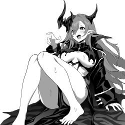 Rule 34 | 1girl, azur lane, azur lane: slow ahead, barefoot, black coat, breasts, coat, eyes visible through hair, female focus, greyscale, hair between eyes, hair over one eye, highres, hori (hori no su), horns, knees up, large breasts, long hair, long sleeves, mary celeste (azur lane), md5 mismatch, monochrome, official art, open mouth, pointy ears, revealing clothes, scared, sitting, solo, sweat, toes, transparent background, webp-to-png conversion