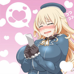 Rule 34 | 1girl, atago (kancolle), beret, black gloves, blonde hair, blush, breasts, closed mouth, gloves, gradient background, happy, hat, heart, heart background, huge breasts, kantai collection, long hair, pink background, roah, solo, speech bubble, wavy mouth