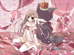 Rule 34 | 1girl, ahoge, arm support, bad id, bad pixiv id, black eyes, blush, bow, brown hair, crown, dress, feathers, female focus, frilled thighhighs, frills, hair ribbon, inugami kira, long hair, open mouth, original, ribbon, sitting, smile, solo, stuffed animal, stuffed toy, thighhighs, wariza, white thighhighs