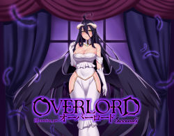 Rule 34 | 1girl, ahoge, albedo (overlord), arm at side, bare shoulders, black feathers, black hair, black wings, breasts, cleavage, commentary, copyright name, cowfee, curtains, detached collar, dress, elbow gloves, english commentary, feathers, gloves, hair between eyes, hand up, highres, hip vent, horns, instagram username, large breasts, long hair, looking at viewer, low wings, overlord (maruyama), slit pupils, smile, solo, very long hair, white dress, white gloves, wings, yellow eyes
