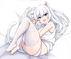 Rule 34 | 1girl, animal ear fluff, animal ears, ass, between legs, blue eyes, cat ears, covering crotch, covering privates, fang, fetal position, hand between legs, highres, legs, long hair, lying, on side, open mouth, original, panties, smile, solo, tank top, thighhighs, thighs, ty kaede, underwear, underwear only, white hair, white panties, white tank top, white thighhighs
