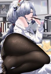 Rule 34 | 1girl, alternate costume, animalization, ass, bare shoulders, bed sheet, black pantyhose, blue eyes, braid, cat, closed mouth, desk lamp, feet, from behind, genshin impact, grey hair, hair ornament, hair over one eye, highres, indoors, lamp, long hair, long sleeves, looking at viewer, looking back, low-braided long hair, low-tied long hair, lumine (genshin impact), lying, no pants, no shoes, on bed, on side, panties, pantyhose, shenhe (genshin impact), shiben (ugvu5784), shirt, single braid, smile, solo, stylus, underwear, very long hair, white panties, white shirt, yellow cat