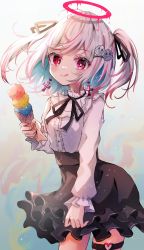 Rule 34 | + +, 1girl, :q, absurdres, black skirt, closed mouth, cowboy shot, cross, cross earrings, earrings, food, hair ornament, halo, highres, holding, holding food, ice cream cone, jewelry, kayon (touzoku), long sleeves, looking at viewer, multicolored hair, original, red eyes, red hair, shirt, skirt, smile, solo, standing, streaked hair, thigh strap, tongue, tongue out, two side up, white hair, white shirt