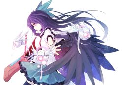 Rule 34 | 1girl, alternate weapon, arm cannon, bird wings, black hair, black thighhighs, black wings, bow, cape, hair bow, kazeharu, long hair, outstretched arm, puffy short sleeves, puffy sleeves, red eyes, reiuji utsuho, shirt, short sleeves, simple background, skirt, solo, space, thighhighs, third eye, touhou, very long hair, weapon, white background, wings, zettai ryouiki