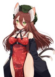 Rule 34 | 1girl, absurdres, aged up, alternate costume, animal ears, breasts, brown hair, cat ears, cat tail, chen, chinese clothes, dress, green eyes, green hat, hat, highres, long hair, nekomata, simple background, solo, tail, touhou, uchisaki himari, white background