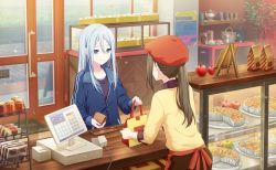 Rule 34 | 2girls, apple, apple pie, bag, beret, blue eyes, blue hair, blue jacket, brown hair, cashier, closed mouth, colorful palette, food, from above, from behind, fruit, hair between eyes, hat, highres, indoors, jacket, light blue hair, light smile, long hair, long sleeves, multiple girls, negai wa itsuka asa wo koete (project sekai), official art, pie, pie slice, project sekai, red headwear, shop, shopping, shopping bag, split mouth, third-party source, track jacket, yoisaki kanade