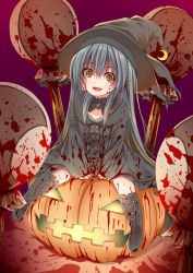 Rule 34 | 1girl, black hair, blood, blood on clothes, boots, creek (moon-sky), halloween, hat, highres, jack-o&#039;-lantern, long hair, original, pumpkin, sitting, sitting on object, solo, staff, witch, witch hat, yandere, yellow eyes, youjo (creek (moon-sky))