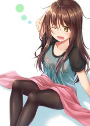 Rule 34 | 1girl, arm behind head, black pantyhose, brown hair, character request, commentary request, gurande (g-size), highres, long hair, messy hair, one eye closed, open mouth, original, pantyhose, pink towel, simple background, sitting, solo, towel, white background, yellow eyes