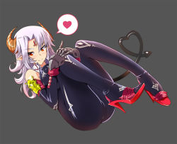 Rule 34 | 1girl, blush, bodysuit, breasts, butter-t, demon girl, detached sleeves, full body, grey background, heart, high heels, horns, large breasts, long hair, open shoes, original, pointy ears, red eyes, shoes, silver hair, simple background, smile, solo, spoken heart, tail