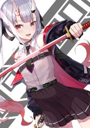 Rule 34 | 1girl, absurdres, belt, black jacket, black necktie, black ribbon, black skirt, breasts, collared shirt, dual wielding, dutch angle, hair ribbon, highres, holding, holding sword, holding weapon, hololive, horns, jacket, katana, long hair, looking at viewer, multicolored hair, nakiri ayame, nakiri ayame (streetwear), necktie, off shoulder, oni, open mouth, pleated skirt, red eyes, red hair, ribbon, ringopan, shirt, short necktie, skin-covered horns, skirt, sleeveless, sleeveless shirt, small breasts, solo, streaked hair, sword, twintails, two-tone hair, virtual youtuber, weapon, white shirt
