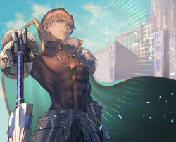 Rule 34 | 1boy, absurdres, black bodysuit, blonde hair, blue eyes, bodysuit, coat, coat on shoulders, covered abs, excalibur galatine (fate), fate/grand order, fate (series), feet out of frame, from below, fur trim, gauntlets, gawain (fate), highres, light particles, makitoshi0316, male focus, pectorals, planted, planted sword, planted weapon, solo, sword, toned, toned male, weapon
