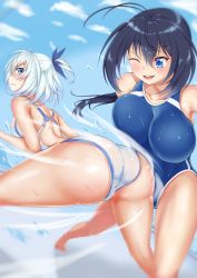 Rule 34 | 10s, 2girls, ;d, antenna hair, arched back, ass, black hair, blue eyes, breasts, cloud, collarbone, competition swimsuit, day, dutch angle, foreshortening, hair ornament, highres, hip attack, huge ass, kaminashi nozomi, keijo!!!!!!!!, large breasts, long hair, looking back, miyata sayaka, multiple girls, one-piece swimsuit, one eye closed, open mouth, outdoors, ponytail, shiny clothes, shiny skin, sky, smile, swimsuit, unaligned breasts, water, wet, white hair, wink, yuunagi (0217)