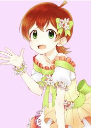 Rule 34 | 1girl, :d, bad id, bad pixiv id, bow, brown hair, flower, frilled skirt, frills, green bow, green eyes, hair bow, hair flower, hair ornament, hand up, idolmaster, idolmaster million live!, idolmaster million live! theater days, kinoshita hinata, looking at viewer, mogemoge00, open hand, open mouth, purple background, skirt, smile, solo, standing, wristband, yellow skirt