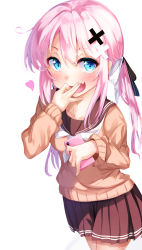 Rule 34 | 1girl, :d, black sailor collar, black shirt, black skirt, blue eyes, blush, brown cardigan, cardigan, commentary request, fang, finger to mouth, hair ornament, heart, highres, long hair, long sleeves, looking at viewer, mizuki kakeru, open mouth, original, pink hair, sailor collar, shirt, skin fang, skirt, smile, solo, twintails, uniform, x hair ornament