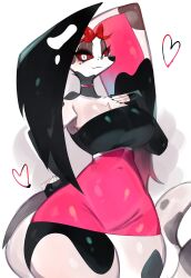 Rule 34 | 1girl, animal ears, black dress, black fur, bow, breasts, choker, colored sclera, dalmatian, dog ears, dog girl, dog tail, dress, furry, furry female, hand on own chest, helluva boss, highres, large breasts, looking at viewer, navel, pink choker, pink dress, red bow, red sclera, skin tight, smile, spots, tail, thick thighs, thighs, togetoge, very long ears, white eyes, white fur, wide hips