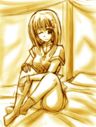 Rule 34 | 00s, 1girl, bed, hair ornament, lyrical nanoha, mahou shoujo lyrical nanoha, mahou shoujo lyrical nanoha strikers, monochrome, one eye closed, sitting, smile, solo, x hair ornament, yagami hayate, yellow theme, zinno