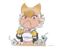 Rule 34 | absurdres, animal ears, bare shoulders, beleven, black jacket, blonde hair, blush, choker, coyote (kemono friends), crop top, drinking, drinking straw, extra ears, gloves, hair between eyes, highres, jacket, juice box, kemono friends, kemono friends v project, long sleeves, midriff, multicolored hair, open clothes, open jacket, shirt, short hair, sidelocks, spaghetti strap, sweatdrop, virtual youtuber, white choker, white hair, white shirt, wolf ears, wolf girl, yellow eyes, yellow gloves
